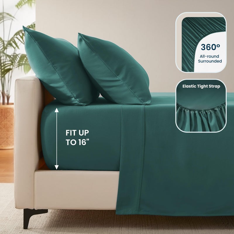 SLEEP ZONE Nanotex Super Soft Cooling Queen Bed Sheets Set 4 Piece - Easy Care Fitted Flat Sheet & Pillowcase Sets - Wrinkle Free, Fade Resistant, Deep Pocket 16"" (Teal, Queen) - Image 5